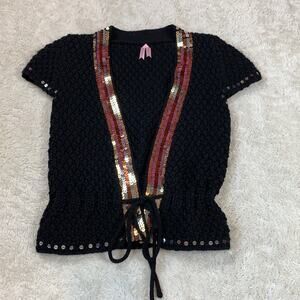 Stream black knit wool blend sequin cropped cardigan, small